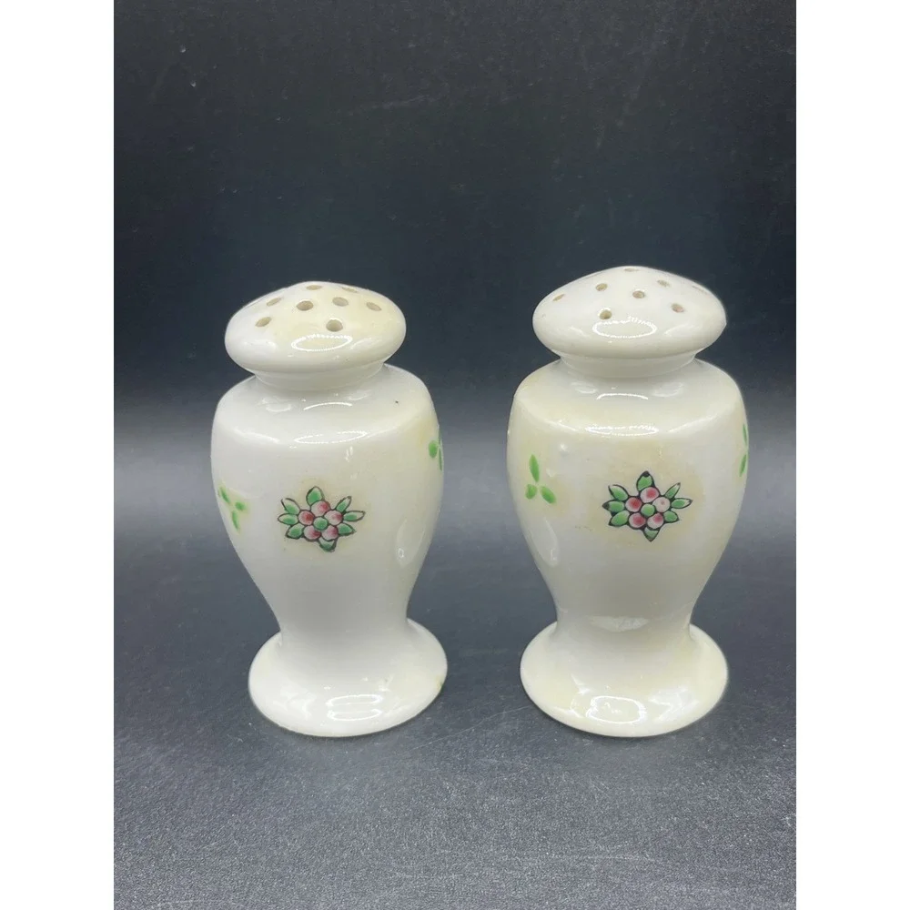 Vtg White Orange Flower Green Leaves Salt & Pepper Shakers‎ 3